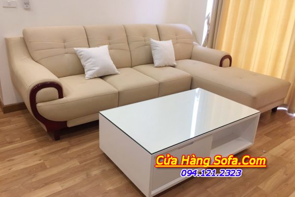 Mẫu sofa da màu kem chữ L cho phòng khách AmiA SFD 214