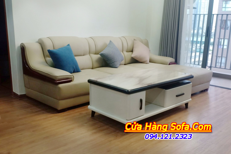 Mẫu sofa da màu kem ốp tay sơn cao cấp AmiA SFD 251
