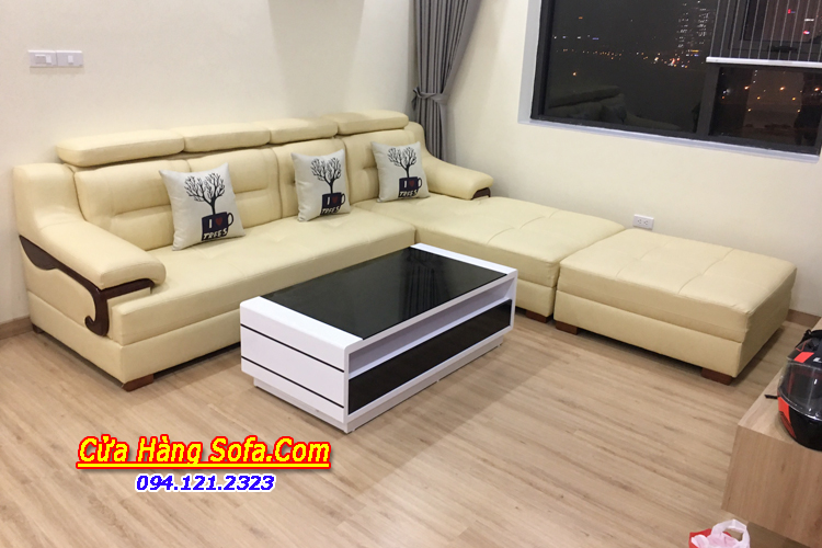 Ghế sofa góc da hiện đại với thiết kế gật gù kết hợp với tựa tay ốp gỗ sang trọng