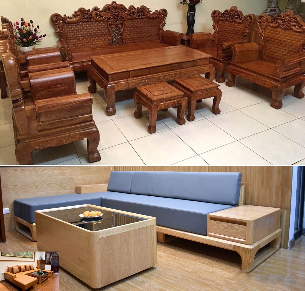 màu sắc khác nhau của sofa gỗ và bàn ghế gỗ