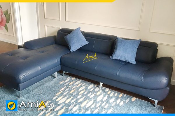 Ghế sofa góc chữ L bọc da màu xanh sang trọng kê phòng khách AmiA346